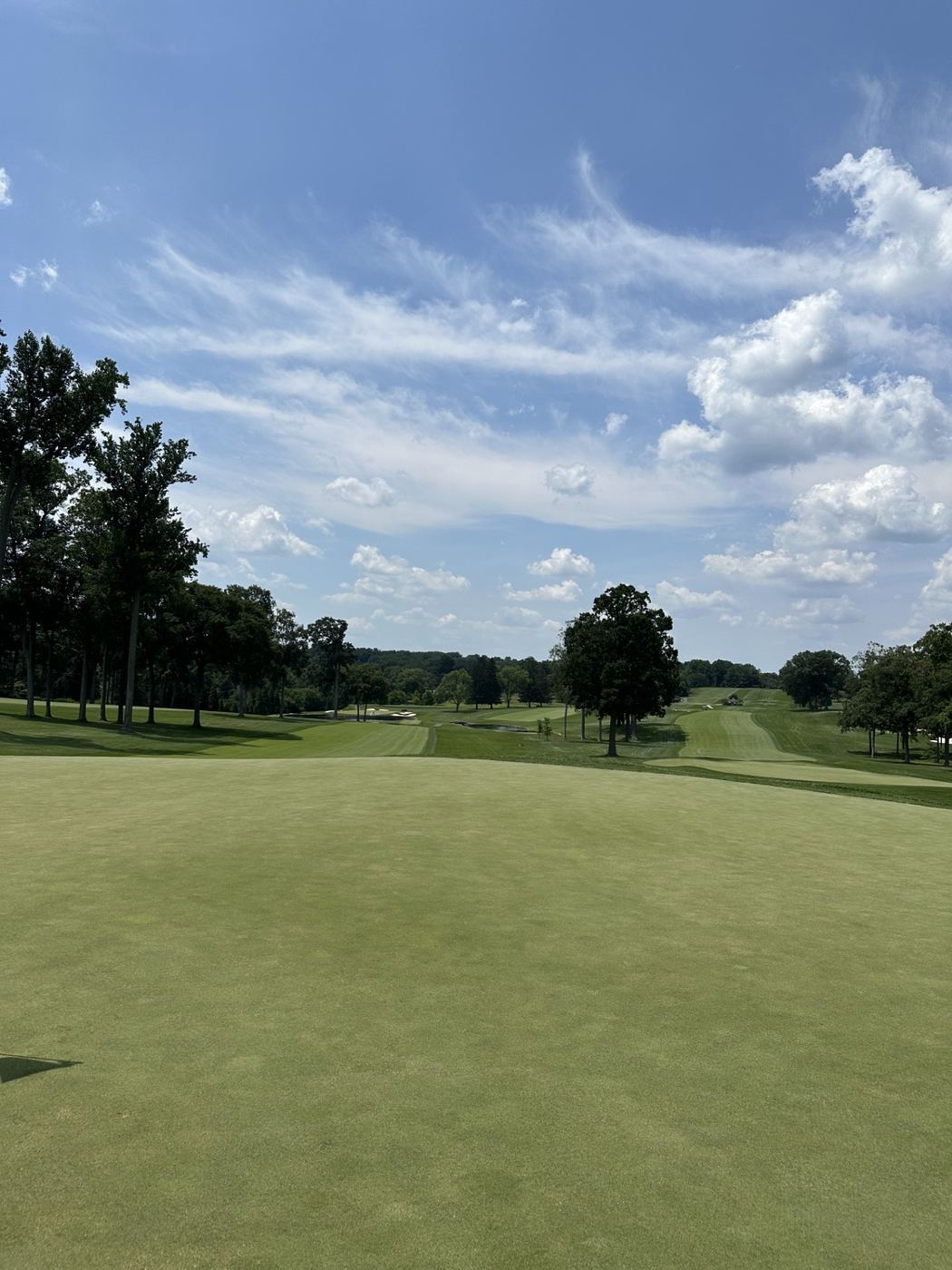 View looking back down a fairway from the green, framed by mature trees under a wide blue sky
