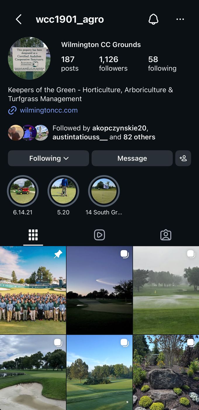 Instagram profile for Wilmington CC Grounds, a social media account dedicated to agronomic updates