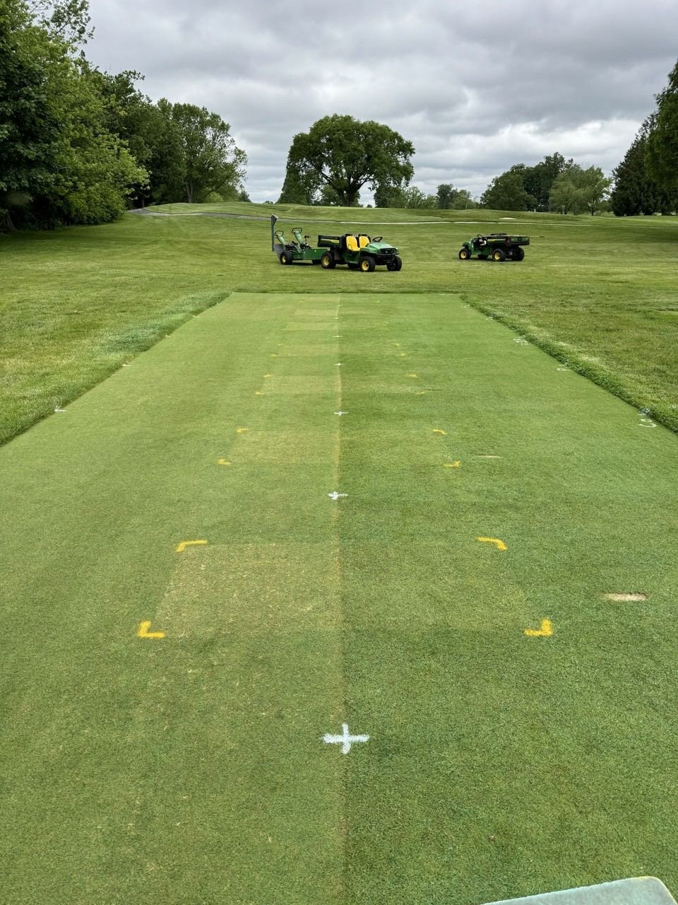 Utility vehicles staged near marked turfgrass research plots