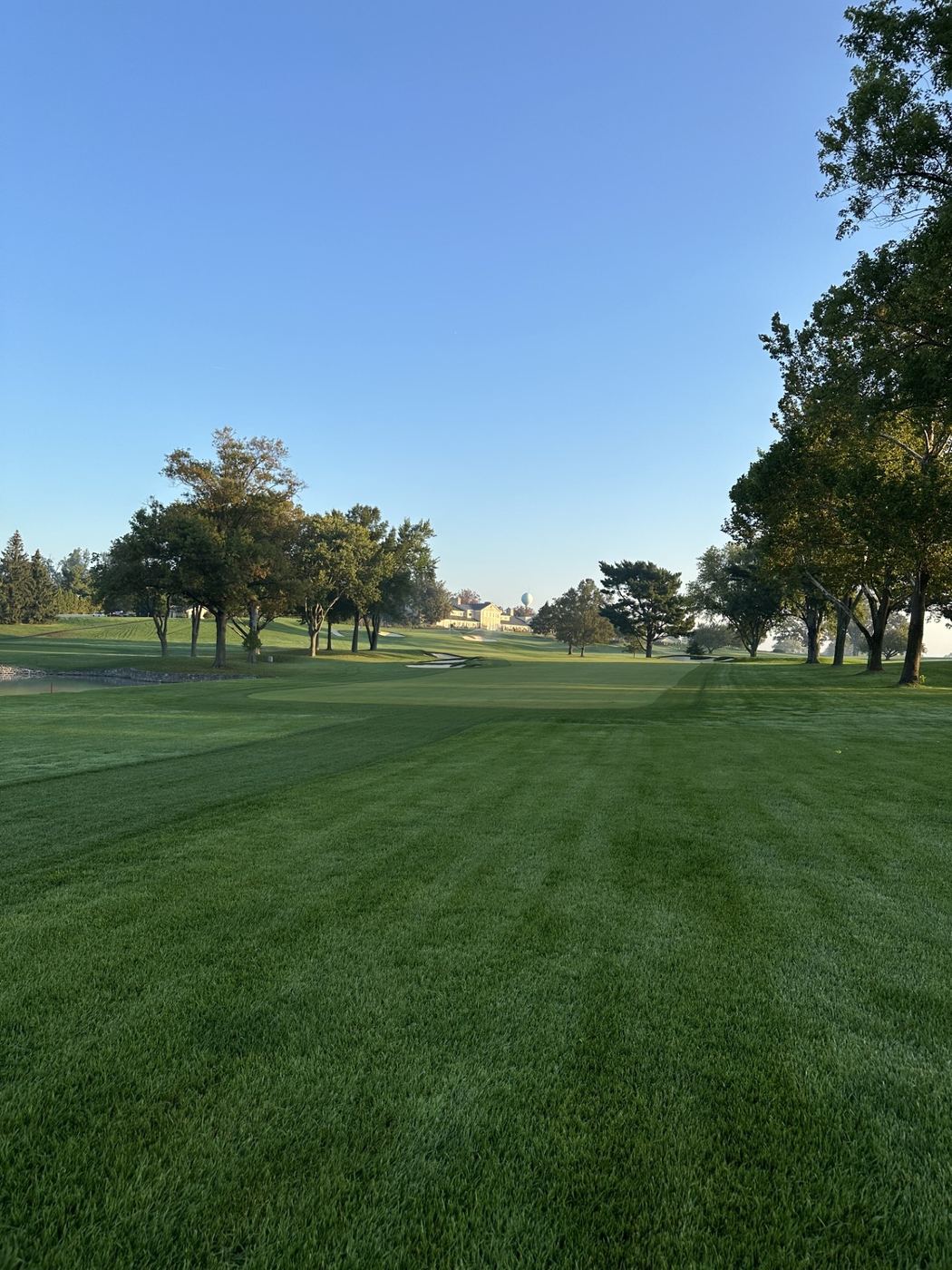 Green complex in early morning light with the clubhouse and water tower visible in the distance
