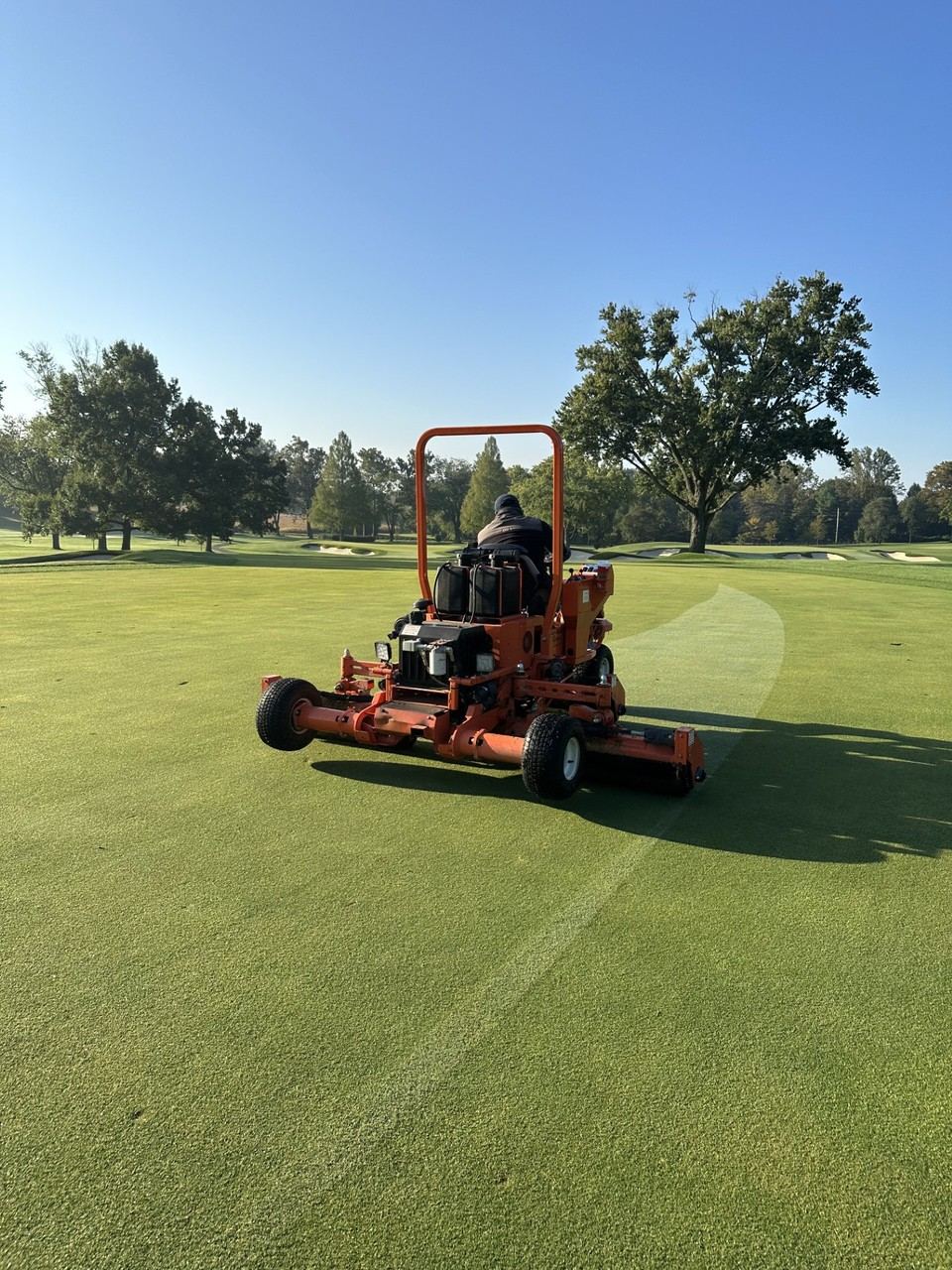 Fairway roller crossing a South Course fairway in early morning light, with bunkers and trees in the background