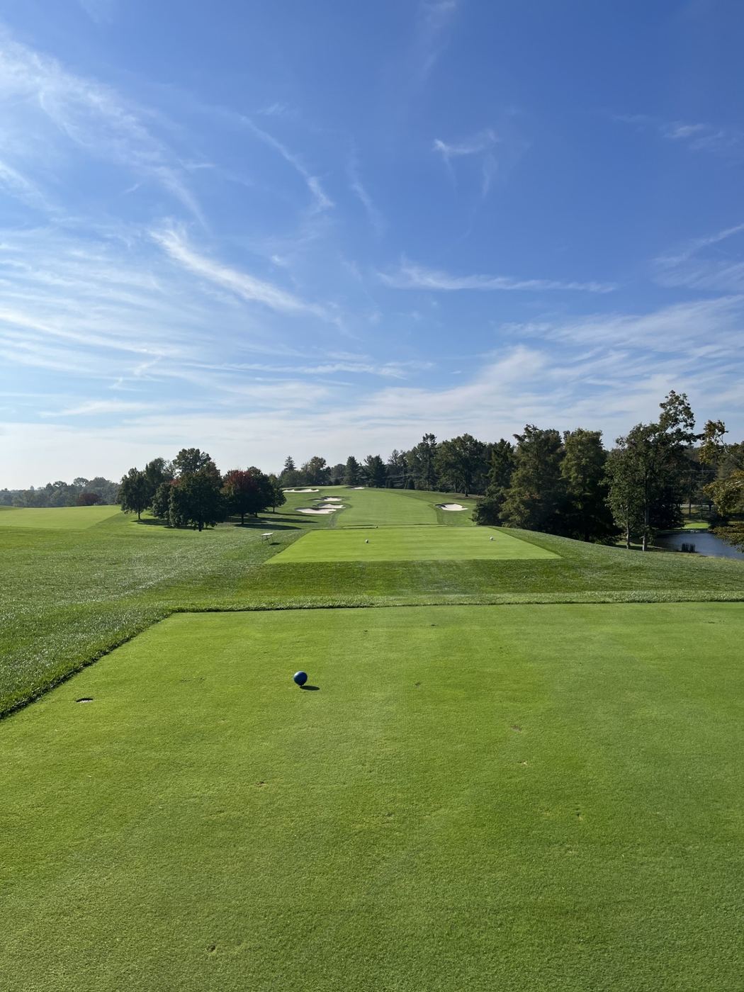 Wide view of the 15th tee at Wilmington Country Club South Course, framed by bunkers, trees, and a clear blue sky