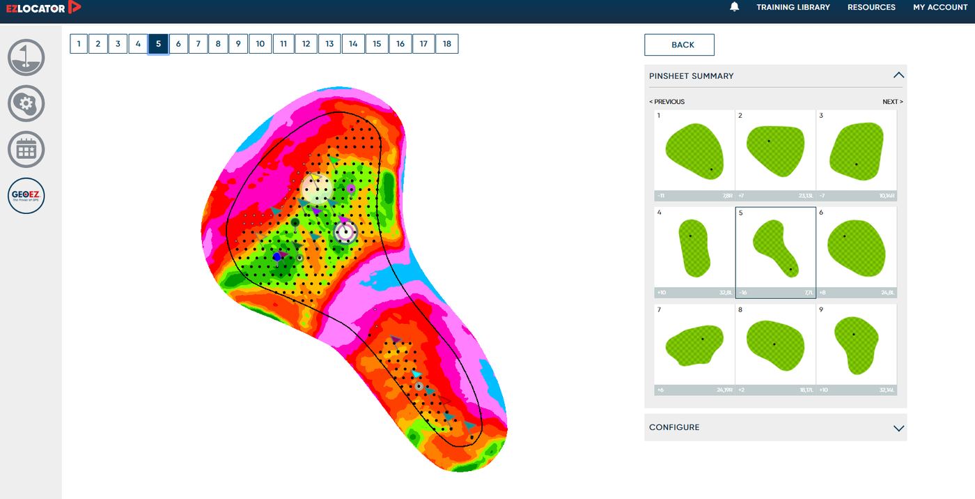 GPS-based green slope and contour map with a pinsheet summary showing hole locations across all 18 greens