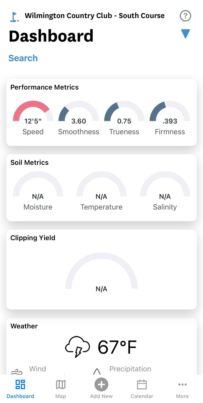USGA GS3 dashboard showing green speed, smoothness, trueness, and firmness readings for the South Course