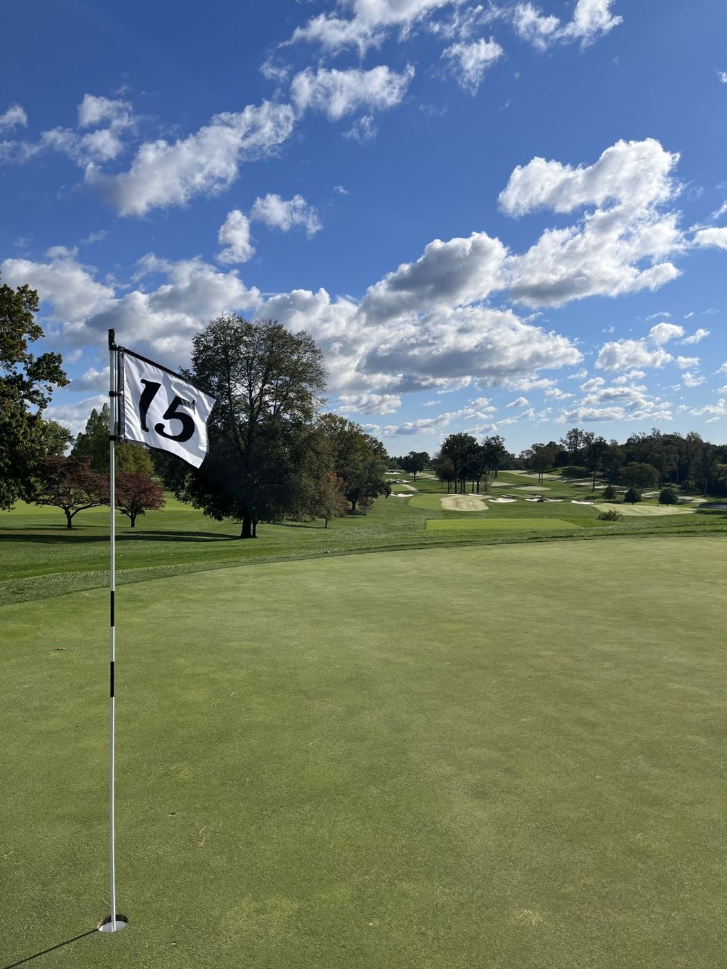 The 15th green at Wilmington Country Club South Course with the flag flying and bunkers visible down the fairway